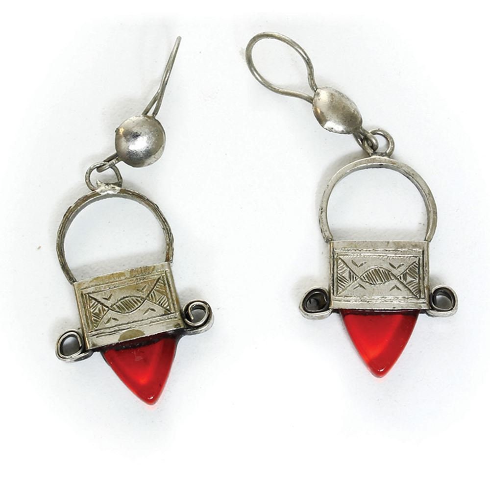 Tiye's Favorite Tuareg Silver Cross of Ingall Earrings, Red Jewel | Saharan Handcrafted Jewelry | West African Earrings | Tribal & Ethnic