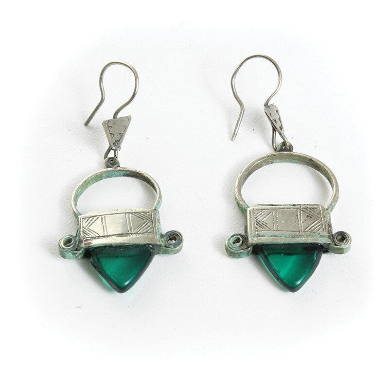 Tuareg Silver Cross of Ingall Earrings, Green Jewel | Handcrafted Berber Earrings | Saharan Jewelry | Tribal & Ethnic | Afrocentric