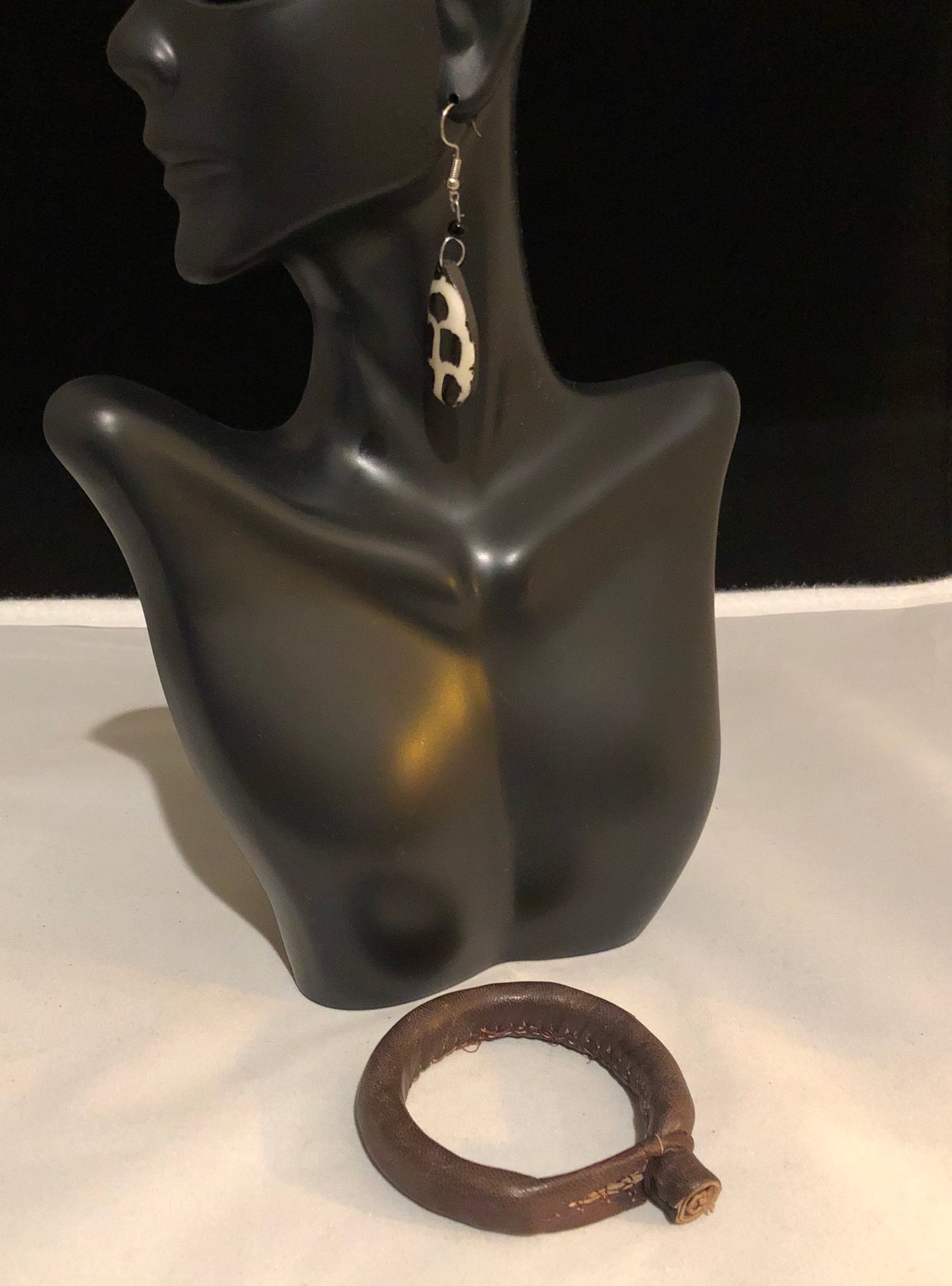 Batik Bone Earrings, Teardrop | Geometric Dangle and Drop Design | Black and White Earrings | Tribal & Ethnic | Afrocentric