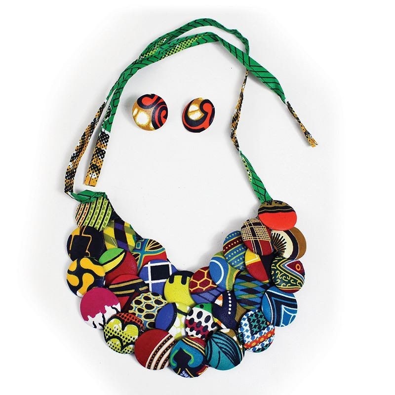 Multicolor Kenyan Printed Disc Necklace and Earrings | Kitenge Necklace and Earrings | Tribal & Ethnic | Handcrafted African Disc Jewelry
