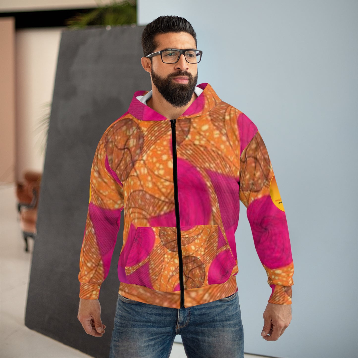 Unisex Pink & Orange Ankara Zip Hoodie