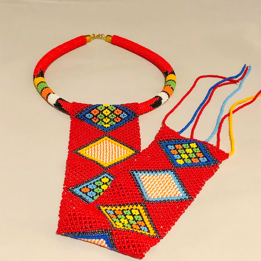 South African Zulu Tie Necklace, Red | African Beaded Necklace | Zulu Beaded Tie Necklace | Tribal & Ethnic | Afrocentric I