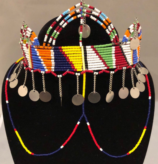 Tiye's Favorite Kandake Crown | Kandake Maasai Crown with Metal Tassels and Drapes | East African Beaded Crown with Decoration | Tribal & Ethnic