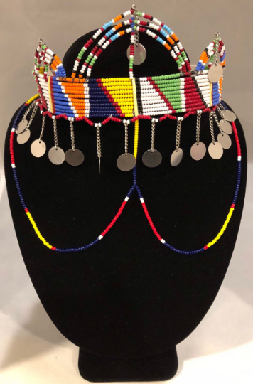 Tiye's Favorite Kandake Crown | Kandake Maasai Crown with Metal Tassels and Drapes | East African Beaded Crown with Decoration | Tribal & Ethnic