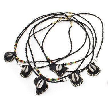Senegalese Beaded Necklace with Cowry, Black | West African Beaded Necklace | African Cowry Shell Necklace | Tribal & Ethnic | Afrocentric