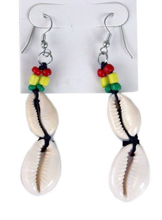 Rasta Double Cowry Shell Earrings | West African Cowrie Shell Earrings | Fertility Shell Earrings | Tribal & Ethnic | Afrocentric