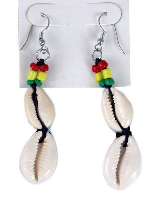 Rasta Double Cowry Shell Earrings | West African Cowrie Shell Earrings | Fertility Shell Earrings | Tribal & Ethnic | Afrocentric