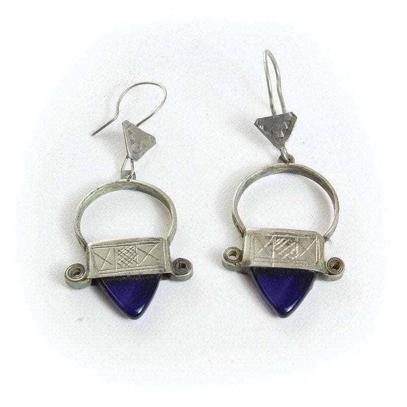 Tuareg Silver Cross of Ingall Earrings, Blue Jewel | Handcrafted African Earrings | North African Earrings | Tribal & Ethnic | Afrocentric