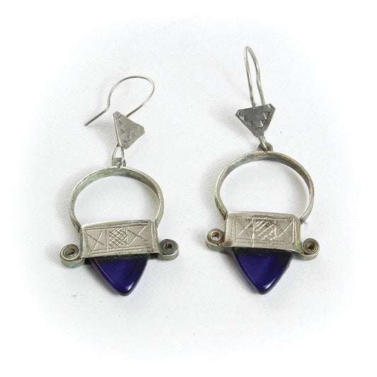 Tuareg Silver Cross of Ingall Earrings, Blue Jewel | Handcrafted African Earrings | North African Earrings | Tribal & Ethnic | Afrocentric