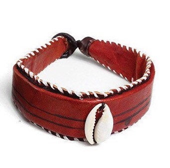 Mali Cowrie Shell Leather Bracelet, Red | West African Fertility Shell Bracelet | Mali Leather Bracelet | Tribal and Ethnic | Afrocentric