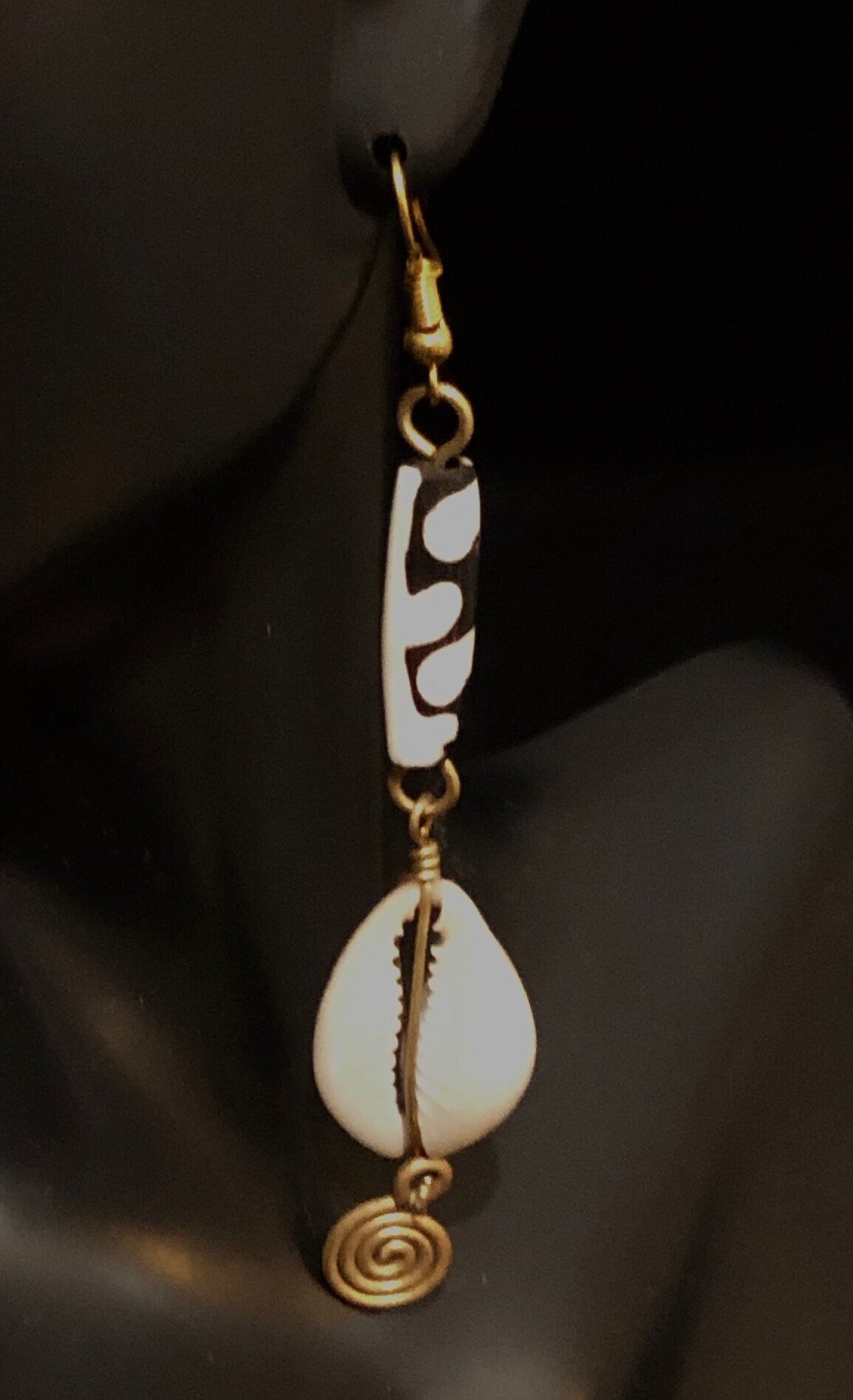 Imani Cowry Bone and Brass Earrings | African Dangle and Drop Earrings | Adinkra | Fertility Shell Jewelry | Tribal & Ethnic | Afrocentric