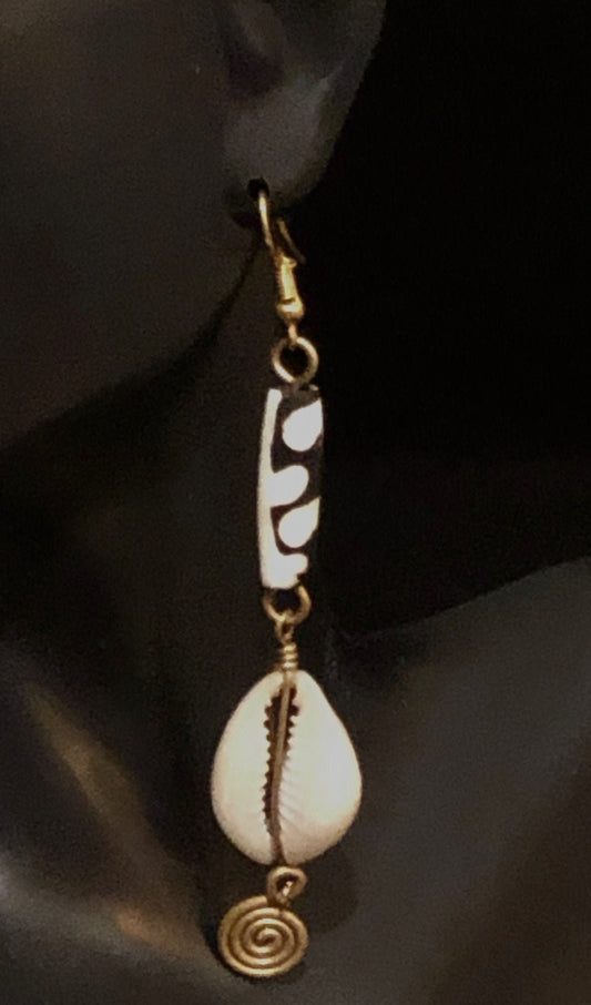 Imani Cowry Bone and Brass Earrings | African Dangle and Drop Earrings | Adinkra | Fertility Shell Jewelry | Tribal & Ethnic | Afrocentric
