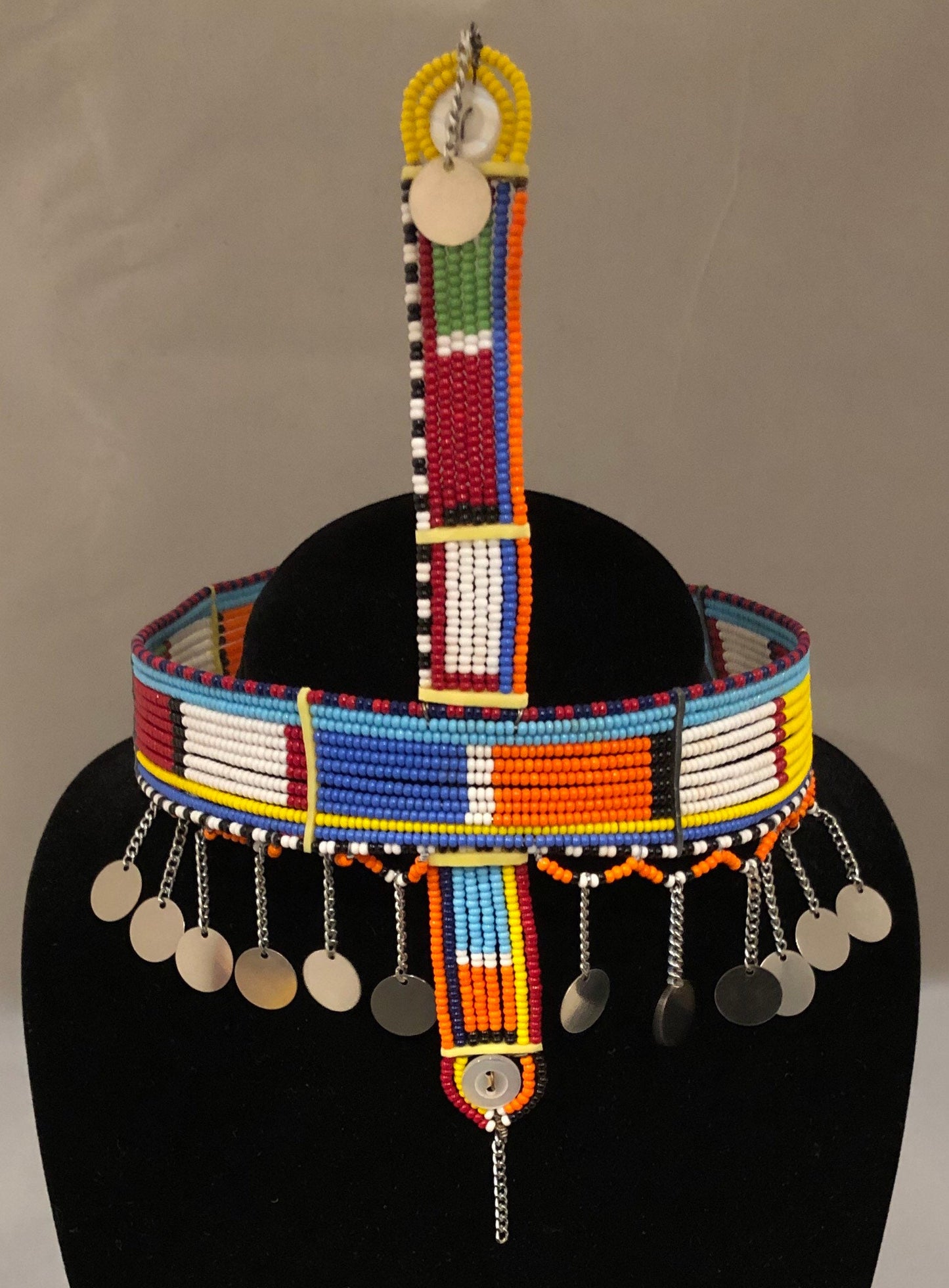 Queen's Crown | Crown with Staff and Metal Tassels | East African Beaded Decorated Crown | Nile Valley | Tribal & Ethnic | Afrocentric