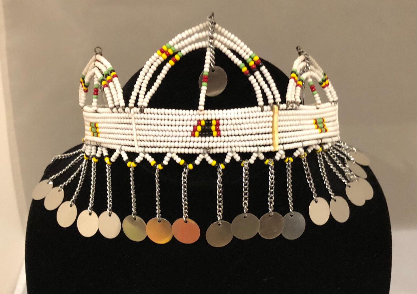 Aaliyah White Crown | Crown with Metal Tassels | East African Beaded Crown with Decoration | Spiritual Adornment | Tribal & Ethnic