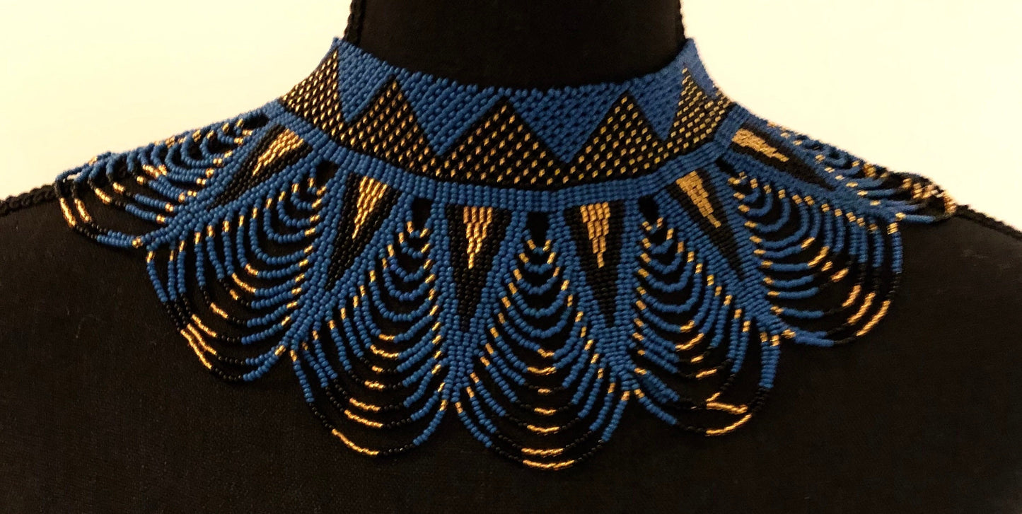 Sekhmet Vibrant Choker, Blue Black and Gold | African Beaded Choker | Handcrafted African Necklace | Tribal & Ethnic | Afrocentric