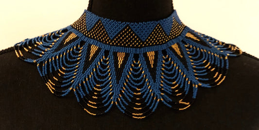 Sekhmet Vibrant Choker, Blue Black and Gold | African Beaded Choker | Handcrafted African Necklace | Tribal & Ethnic | Afrocentric