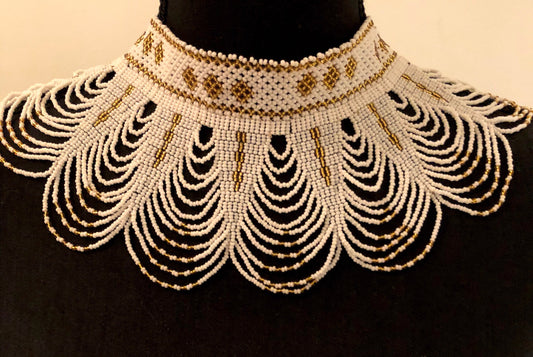 Sekhmet Vibrant Choker, White and Gold | African Beaded Choker | Handcrafted African Necklace | Tribal & Ethnic | Afrocentric