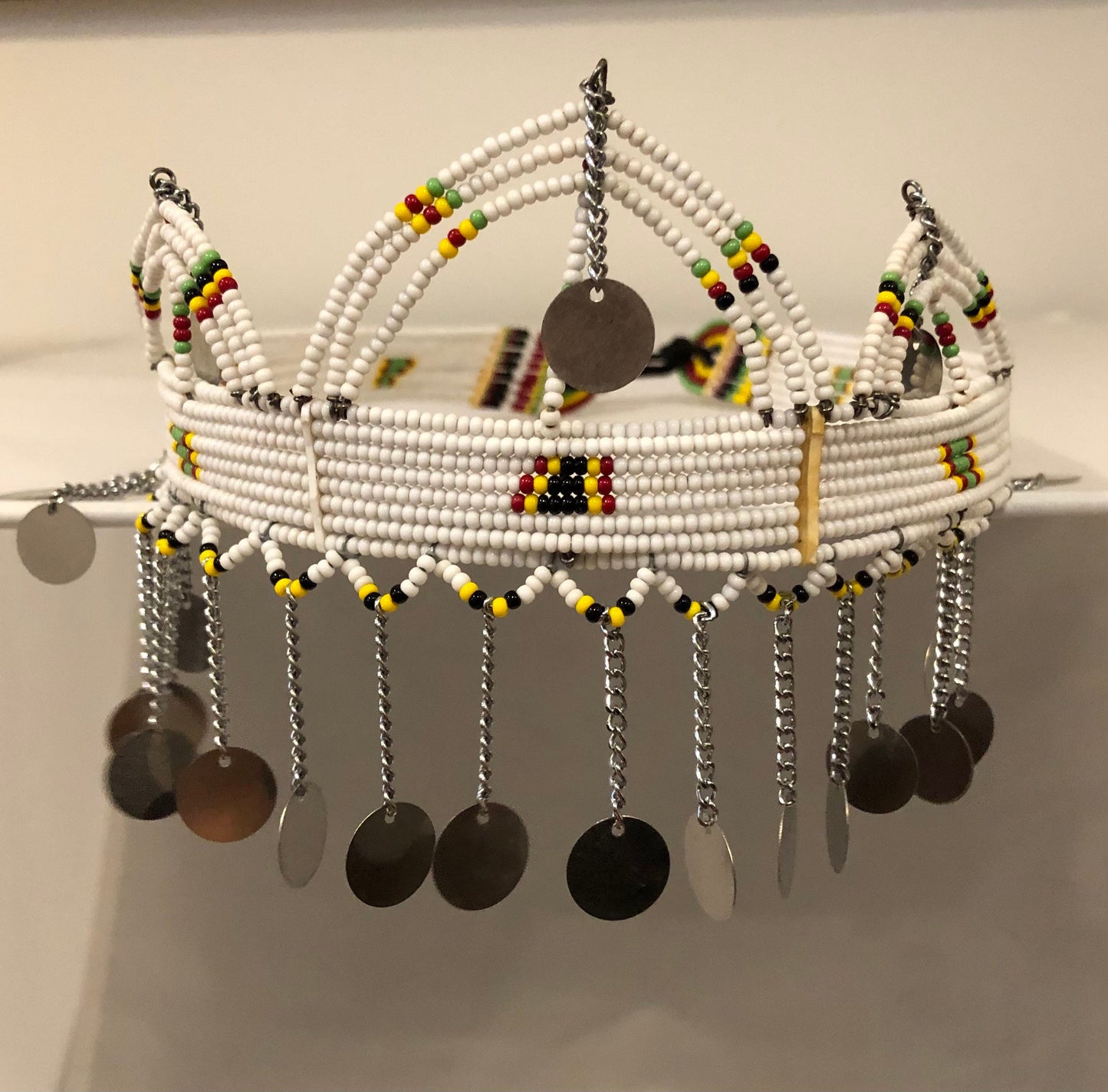 Aaliyah White Crown | Crown with Metal Tassels | East African Beaded Crown with Decoration | Spiritual Adornment | Tribal & Ethnic