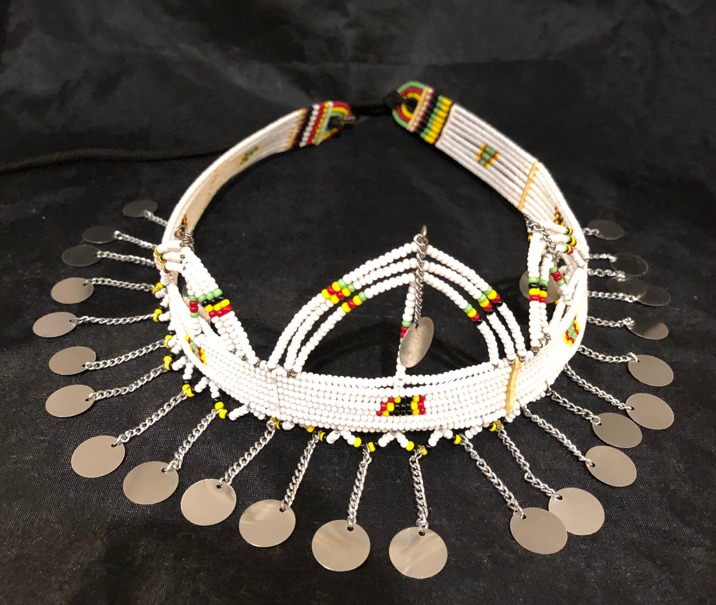 Aaliyah White Crown | Crown with Metal Tassels | East African Beaded Crown with Decoration | Spiritual Adornment | Tribal & Ethnic