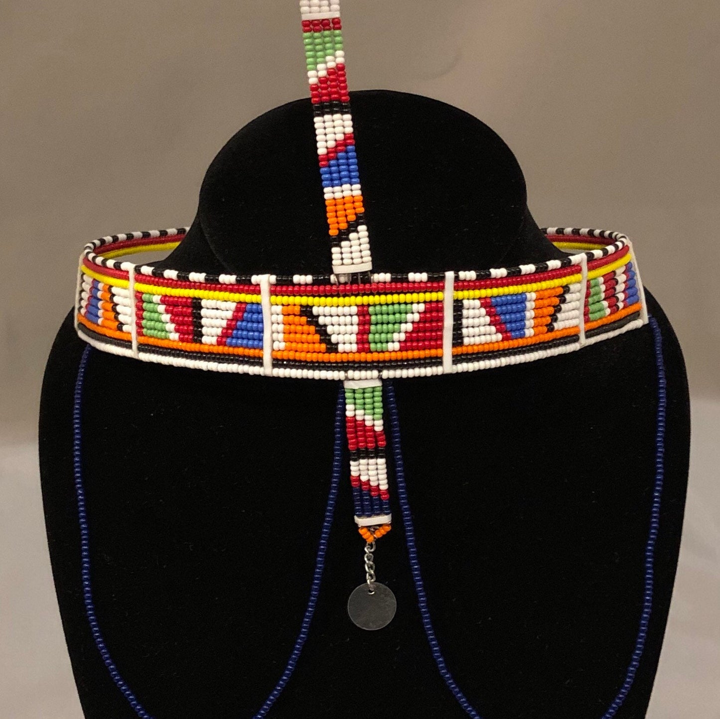 Selah Crown | Crown with Staff and Drapes | Multicolor East African Beaded Crown with Decoration | Nile Valley Jewelry | Tribal & Ethnic
