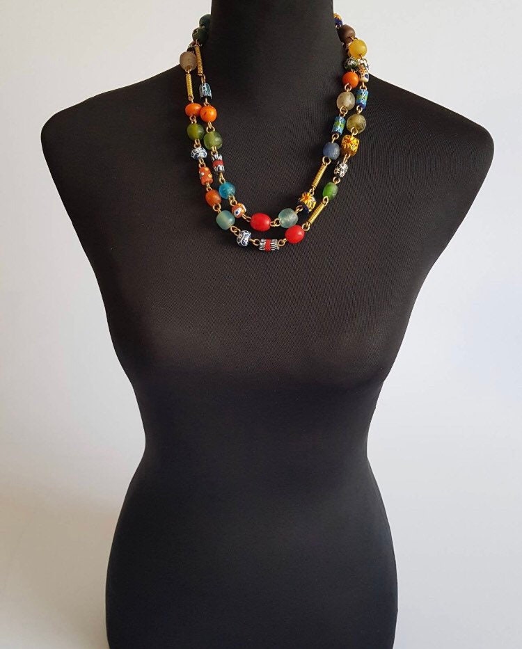 Krobo Glass Beaded Necklace | African Modern Bead Necklace | West African Abstract Jewelry | Tribal & Ethnic | Afrocentric