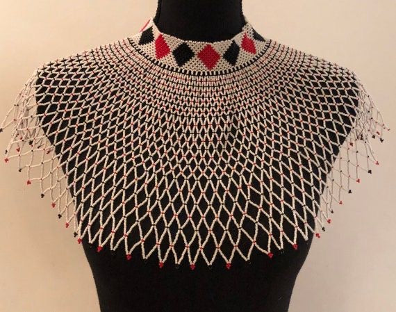 Sheba Shoulder Necklace, White with Diamond Pattern | Handcrafted African Beaded Shoulder Necklace | Tribal & Ethnic | Afrocentric