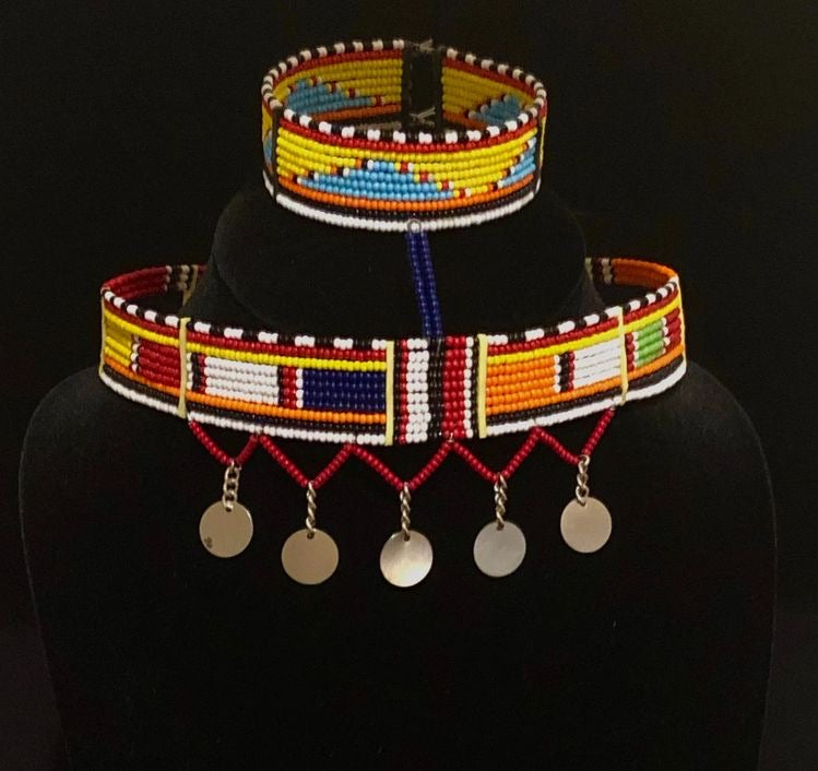 Kandake Maasai Beaded Choker Bead with Metal Tassels | East African Beaded Choker with Tassels | Nile Valley Jewelry | Tribal & Ethnic | Afrocentric