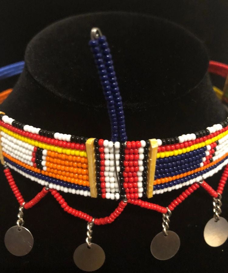 Kandake Maasai Beaded Choker Bead with Metal Tassels | East African Beaded Choker with Tassels | Nile Valley Jewelry | Tribal & Ethnic | Afrocentric
