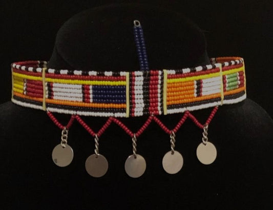 Kandake Maasai Beaded Choker Bead with Metal Tassels | East African Beaded Choker with Tassels | Nile Valley Jewelry | Tribal & Ethnic | Afrocentric
